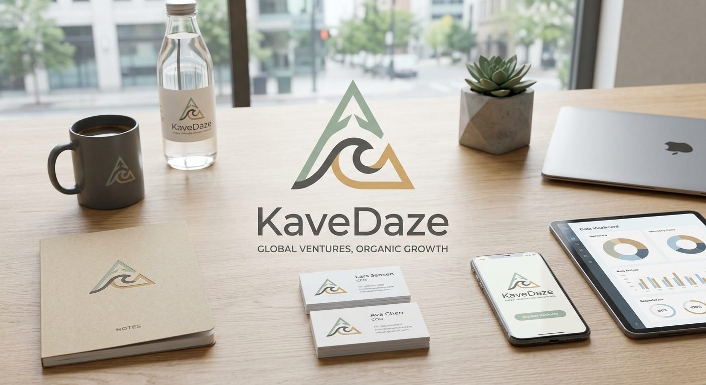 KaveDaze brand scene — logo on bottle, mug, cards and dashboards